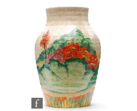 Clarice Cliff - Patina Garden - A Isis vase circa 1932, hand painted with a stylised garden scene over decorated with pink sp