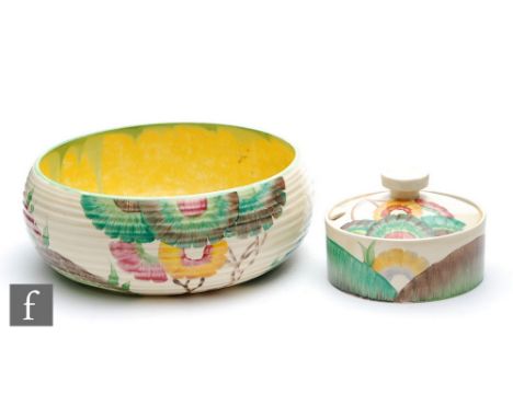 Clarice Cliff - Aurea - A shape 632 ribbed Lynton bowl circa 1932, hand painted with a stylised tree landscape with tonal gre