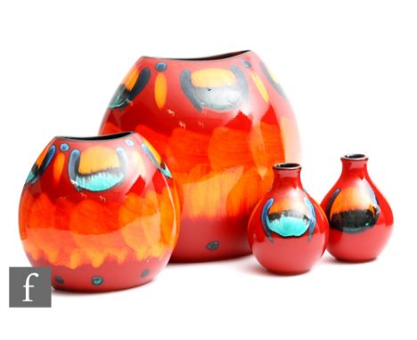 Anita Harris - Poole Pottery - A collection of Living Glaze 'Peacock' pattern vases, to include two fat purse vases, heights 