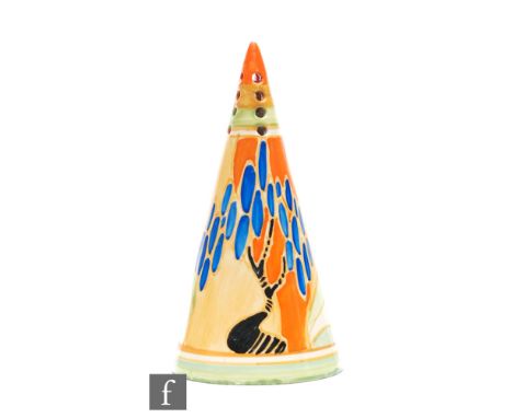 Clarice Cliff - Windbells - A Conical shape sugar sifter circa 1933, hand painted with a stylised tree and flower landscape w