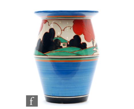 Clarice Cliff - Red Autumn - A shape 342 vase circa 1930, hand painted with a stylised tree and cottage landscape in red, bla