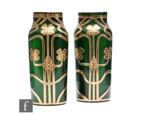 Unknown - Bohemian - A pair of continental Art Nouveau glass vases, each of shouldered cylindrical form, decorated with whipl