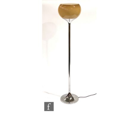 In the manner of Harvey Guzzini - A chromium plated floor lamp with inverted tulip shaped base and with an amber coloured acr