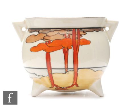 Clarice Cliff - Coral Firs - A small cauldron circa 1932, hand painted with a stylised coastal tree lined scene with black an