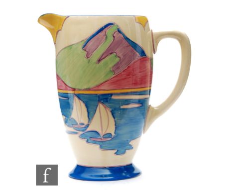 Clarice Cliff - Gibraltar - A large Coronet shape jug circa 1932, hand painted with a stylised coastal scene with six sailing
