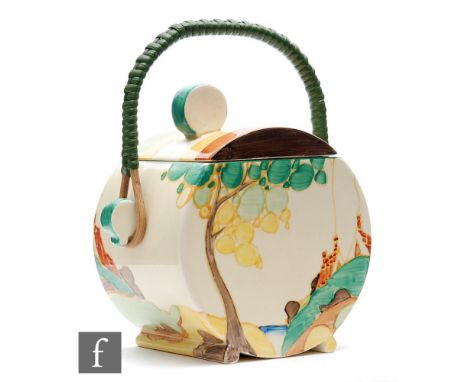 Clarice Cliff - Secrets - A Bon Jour shape biscuit barrel circa 1933, hand painted with a stylised coastal landscape with cot