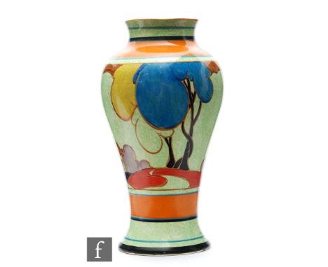 Clarice Cliff - Blue Autumn Cafe au Lait - A shape 14 Mei Ping circa 1931, hand painted with a stylised tree and cottage land