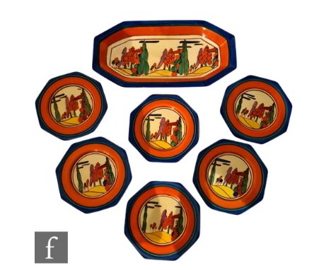 Clarice Cliff - Seven Colour Trees &amp; House - A complete sandwich set circa 1930, comprising a shape 334 sandwich tray and