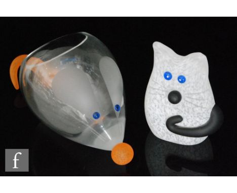 Borowski - A glass figure modelled as a cat, with mottled opal body, applied blue eyes and black nose and tail, engraved init