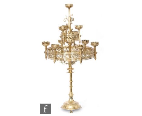 In the manner of Augustus Welby Northmore Pugin - A large 19th Century brass candelabra in the Gothic taste with a stepped ci