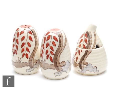 Clarice Cliff - Mowcop - A Lynton shape cruet circa 1936, hand painted with a stylised tree landscape, large script signature