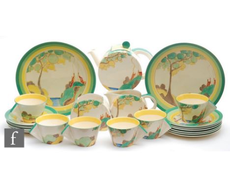 Clarice Cliff - Secrets - A large six place Bon Jour tea service circa 1933, comprising large Bon Jour teapot, milk and sugar