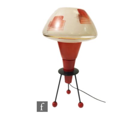 Unknown - A 1960s Atomic style table lamp, the black painted splayed supports terminating at red ball feet, the central red c