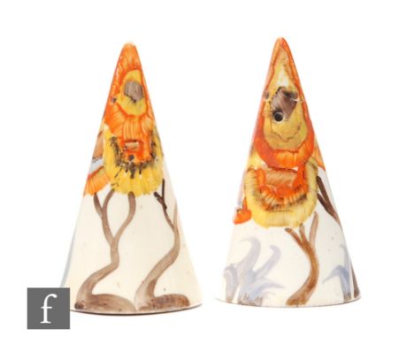 Clarice Cliff - Rhodanthe - A pair of Conical salt and pepper pots circa 1934, hand painted with a stylised tree landscape, u