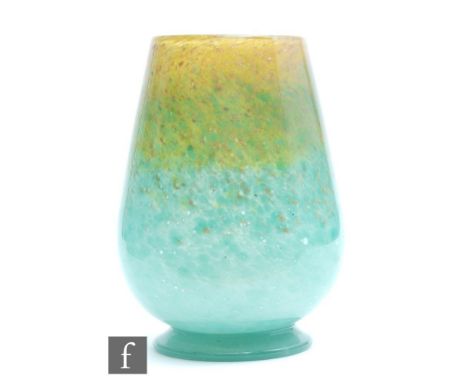 Vasart - A 20th Century glass vase of footed ovoid form cased in clear over a graduated mottled olive to jade green ground, u