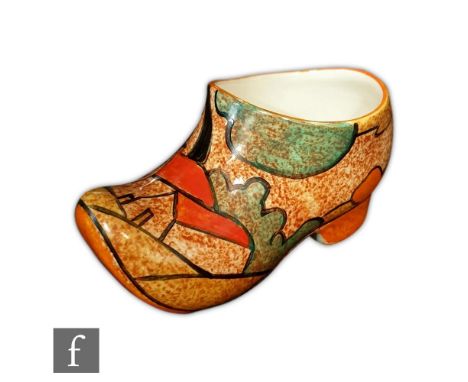 Clarice Cliff - Red Roofs Cafe au Lait - A sabot or clog circa 1932, hand painted with a stylised tree and cottage landscape 
