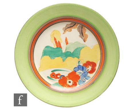 Clarice Cliff - Alton Green - A 9 inch circular plate circa 1933, hand painted with a stylised landscape with a castle to a h
