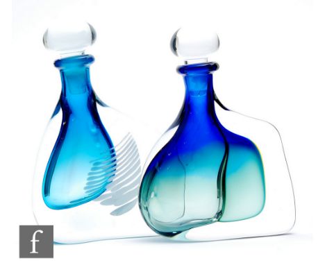 Karlin Rushbrooke - A later 20th Century 'Wedge' scent bottle of compressed and tapered form in clear crystal over a sky blue