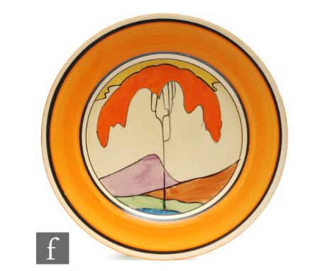 Clarice Cliff - Mountain - A 9 inch circular plate circa 1931, hand painted in a stylised landscape with a tree before a moun