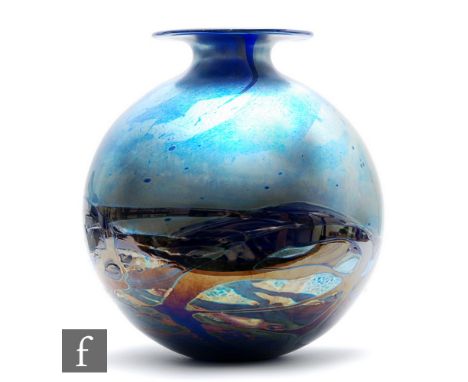 Michael Harris - Isle of Wight - A Nightscape glass vase of globe form with short collar neck and flat rim, decorated with pe