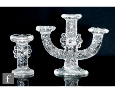 Staffan Gellerstedt - Pukeberg - A post war&nbsp;pressed moulded glass candelabra&nbsp;with oval base rising to a stepped twi