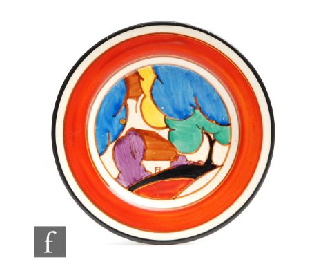 Clarice Cliff - Blue Autumn - A small circular side plate circa 1930, hand painted with a stylised tree and cottage landscape