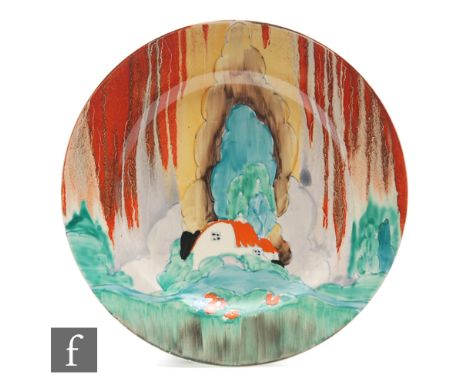 Clarice Cliff - Forest Glen - A 9 inch circular plate circa 1936, hand painted with a stylised tree and cottage landscape ben