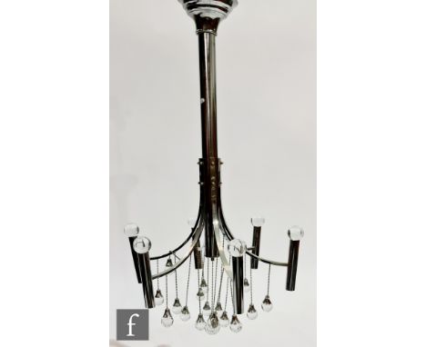 Unknown - A chromed ceiling pendant light, possibly 1970s/80s, the central tubular stem with six swept branches, each suspend