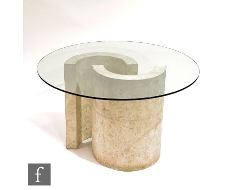 Unknown - An architectural style circular tempered glass top dining table with twin demi-lune moulded resin faced stone effec