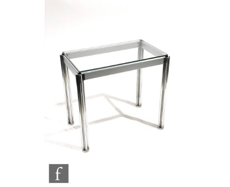 Unknown - A chrome and glass console table, the quatrefoil tubular supports extending to brushed metal panels and with glass 