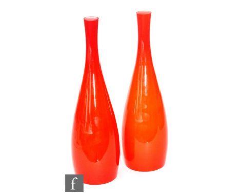 Jacob E. Bang - Holmegaard - A pair of 1960s&nbsp;Bang Pendant lamp shades, each of slender skittle form, cased in a deep ora