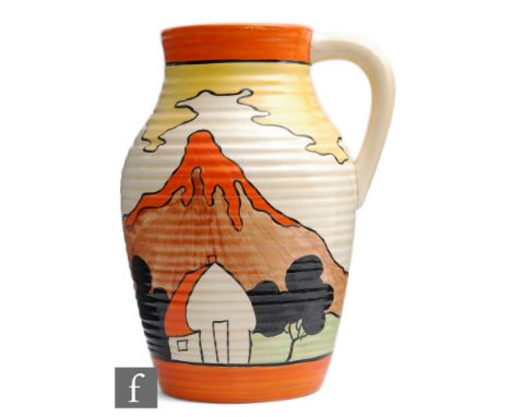 Clarice Cliff - Mountain - A single handled Lotus jug circa 1930, hand painted with a continuous landscape and a tree and cot