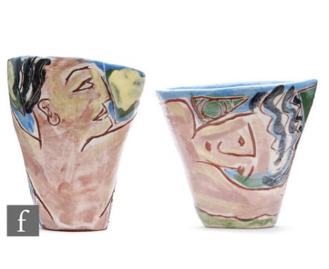 Unknown - A post war small vase of tapered form with an abstract sgraffito design of a male figure against a light blue groun