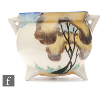 Clarice Cliff - Ferndale - A small cauldron circa 1934, hand painted with a stylised landscape with tonal blue Delecia style 