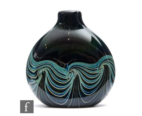 Peter Layton - A contemporary studio glass vase of compressed ovoid form with shallow collar neck, decorated with tonal blue 