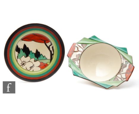 Clarice Cliff - Limberlost - A Daffordil shape grapefruit dish circa 1932, hand painted with a stylised tree and garden lands
