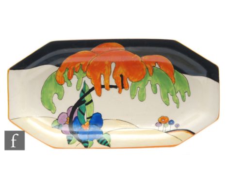 Clarice Cliff - Woodland - A shape 334 sandwich tray circa 1930, transfer printed and painted with a stylised tree and flower