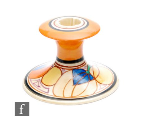Clarice Cliff - Melon - A shape 310 candlestick circa 1930, hand painted with a band of geometric fruit with black and orange