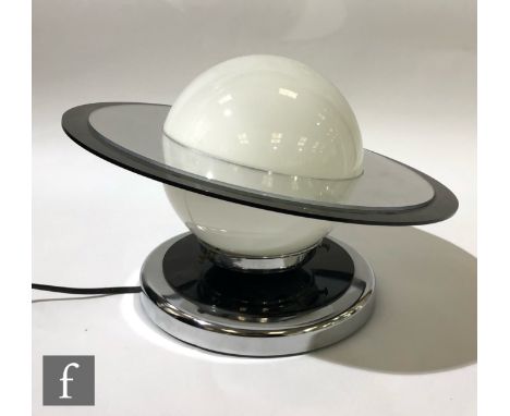 Unknown - An Art Deco&nbsp;lamp with a spherical opaline glass shade with a wide mirror and black acrylic ring, raised to a c
