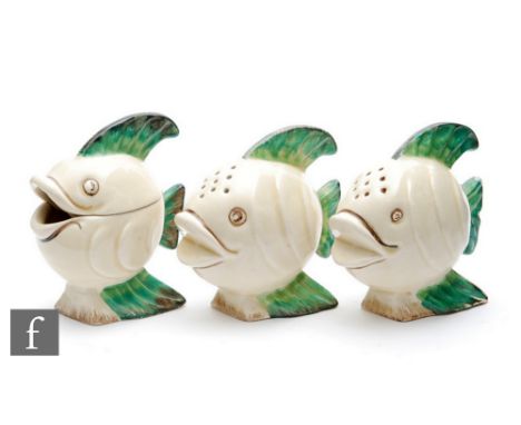 Clarice Cliff - Mr Fish - A three piece cruet set modelled as smiling fish with tonal brown and green enamel decoration, Wilk
