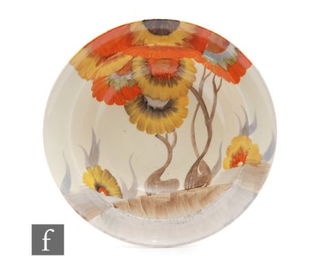 Clarice Cliff - Rhodanthe - A single circular fruit bowl circa 1936, hand painted with a stylised tree landscape, large scrip