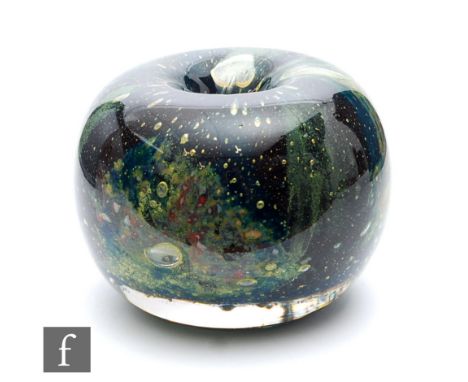 Karl Wiedemann - WMF - A 1930s Ikora glass candlestick of globular form, decorated with silver oxide ochre bubbles over a dee