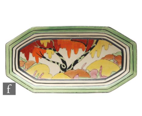 Clarice Cliff - Honolulu - A shape 334 sandwich tray circa 1933, hand painted with a stylised tree landscape within black and
