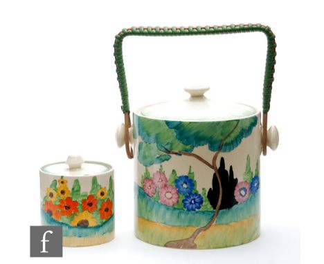 Clarice Cliff - Sandon - A Hereford Biscuit barrel circa 1933, hand painted with a stylised tree and garden scene, Bizarre ma