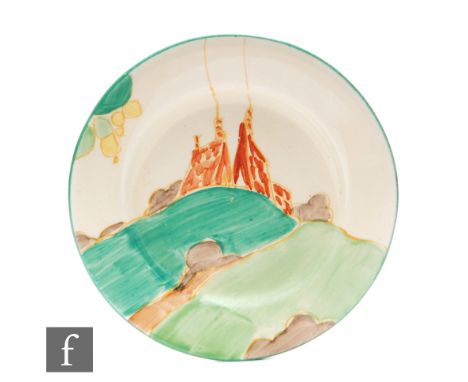 Clarice Cliff - Secrets - A miniature plate or nut dish circa 1932, hand painted with a stylised tree and cottage landscape w