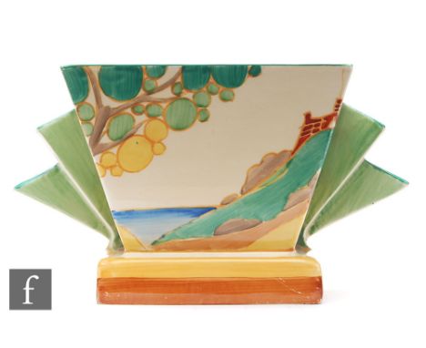 Clarice Cliff - Secrets - A shape 515 flower bowl circa 1933, hand painted with a stylised tree and cottage coastal landscape