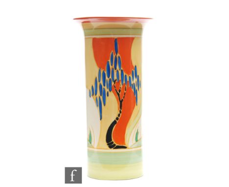 Clarice Cliff - Windbells - A large shape 195 vase circa 1933, hand painted with a stylised tree and flower landscape between