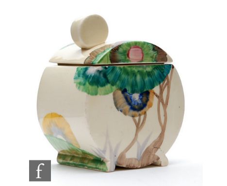 Clarice Cliff - Viscaria - A Bon Jour preserve pot and cover circa 1934, hand painted with a stylised tree landscape, Bizarre