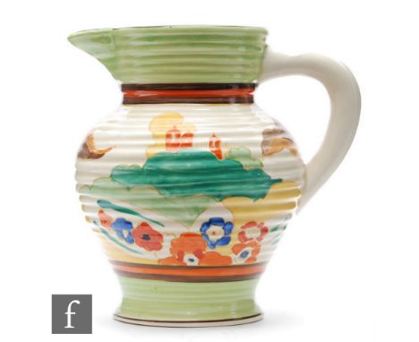 Clarice Cliff - Alton Green - A shape 564 George jug circa 1933, hand painted with a stylised landscape with a castle on a hi