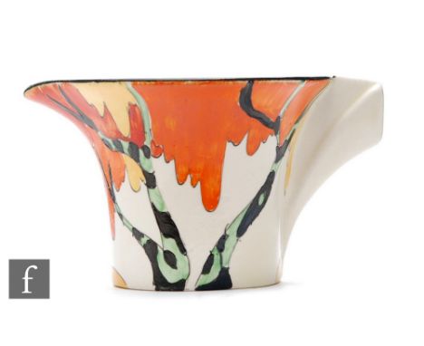 Clarice Cliff - Honolulu - A Daffodil shape cream jug circa 1933, hand painted with a stylised tree landscape with black and 